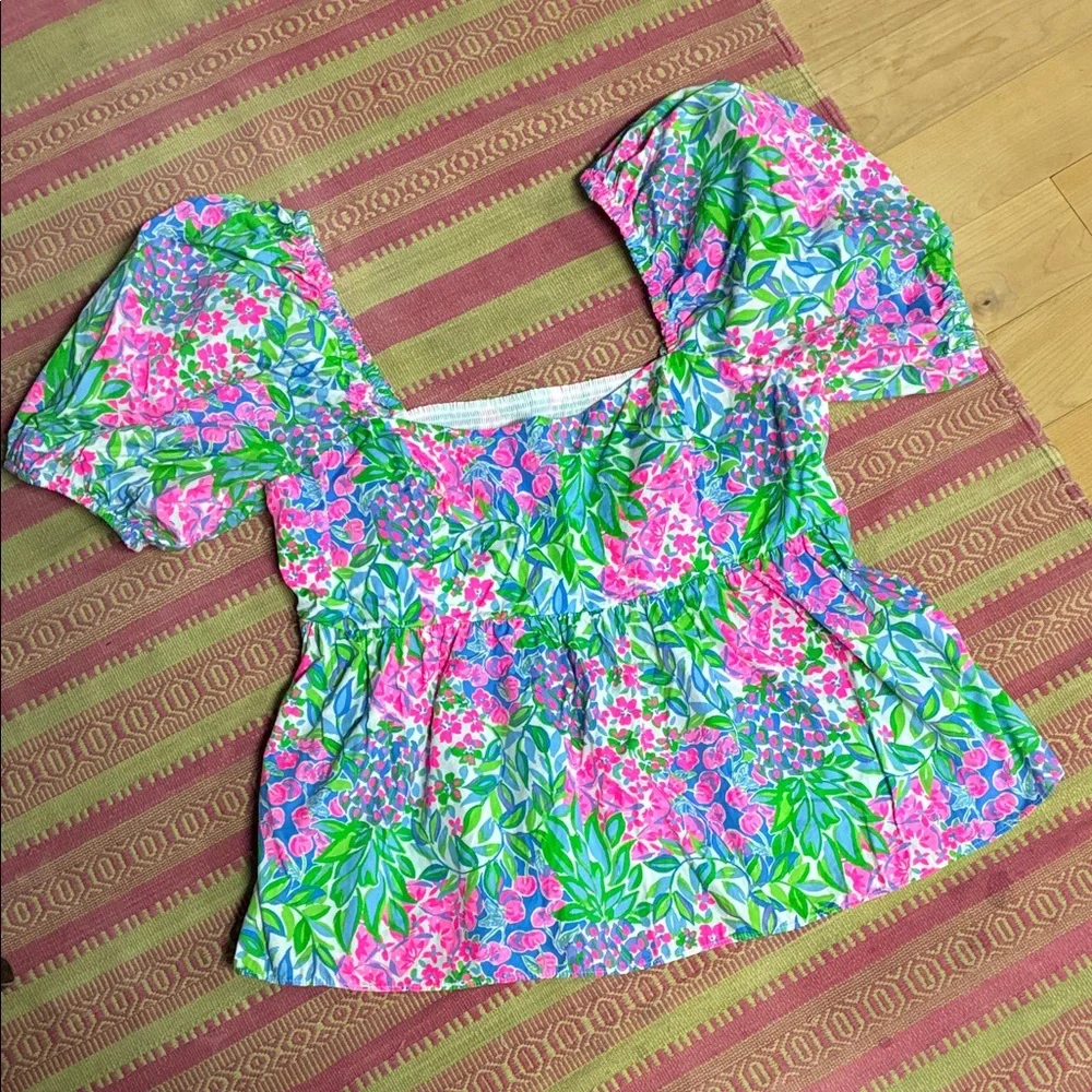 Lilly Pulitzer Pink & Green Floral Puff-Sleeve Top